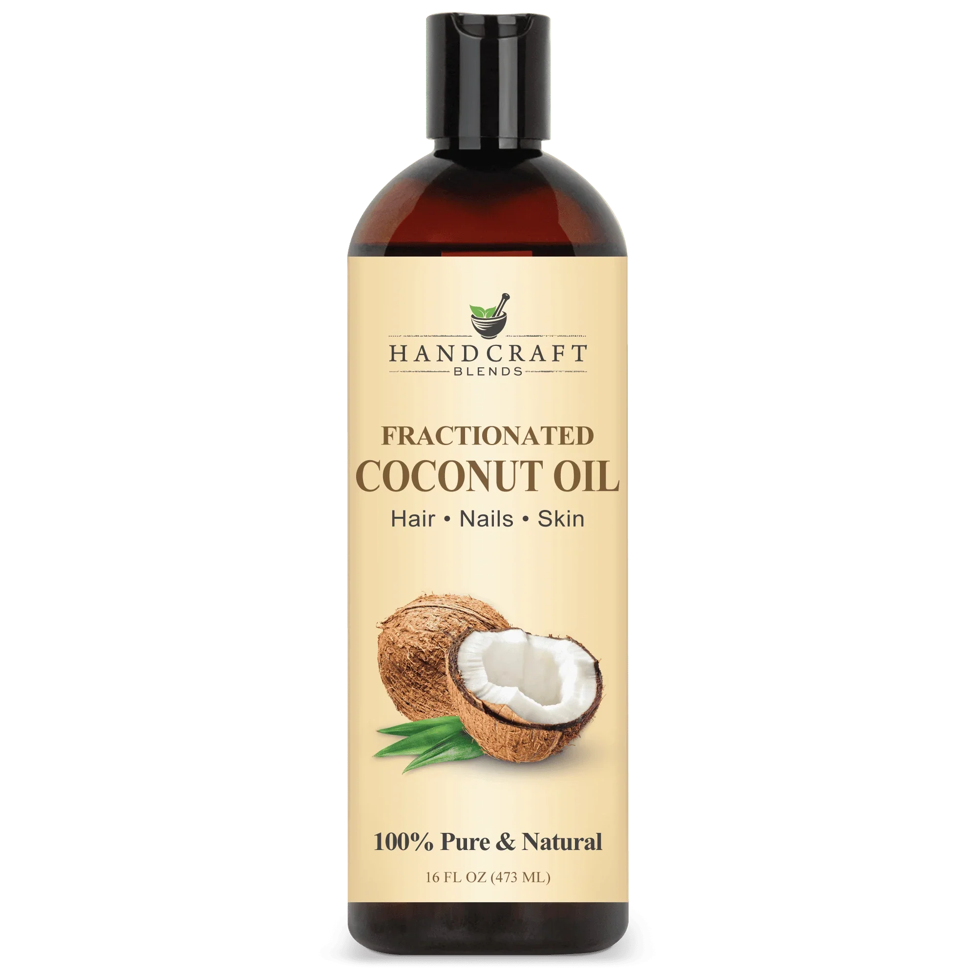 Handcraft Blends Fractionated Coconut Oil bottle with coconut image, 16oz, for hair, nails, skin