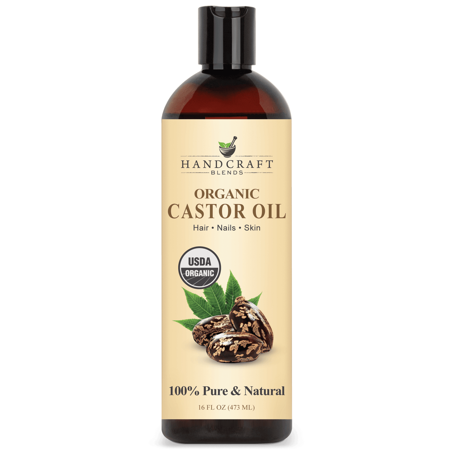 16oz bottle of organic castor oil for hair, nails, skin with USDA Organic seal