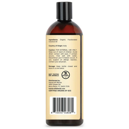 Brown plastic bottle of organic fractionated coconut oil with ingredients, usage instructions, and barcode on the back label.