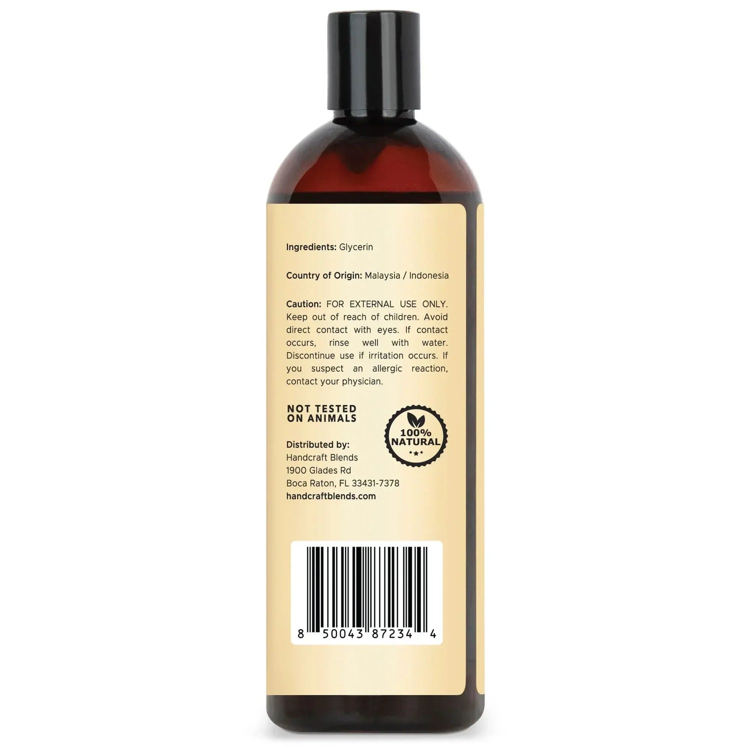 Back label of 16oz amber bottle of glycerin, showing ingredients, cautions, barcode.