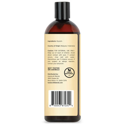 Back label of 16oz amber bottle of glycerin, showing ingredients, cautions, barcode.