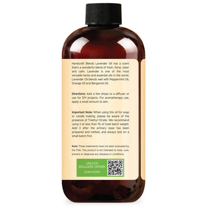 Back of amber bottle with black cap, lavender oil directions and details label visible