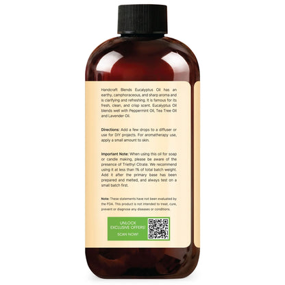 16oz amber bottle with black cap, product label for eucalyptus essential oil, aromatherapy directions