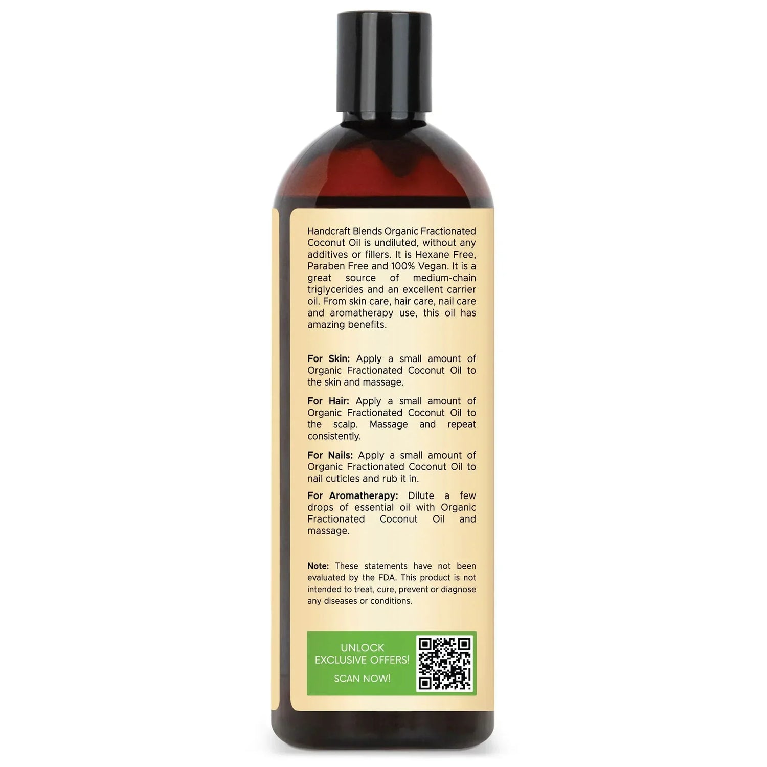 16oz amber bottle of organic fractionated coconut oil with product usage instructions on label