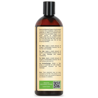 16oz amber bottle of organic fractionated coconut oil with product usage instructions on label