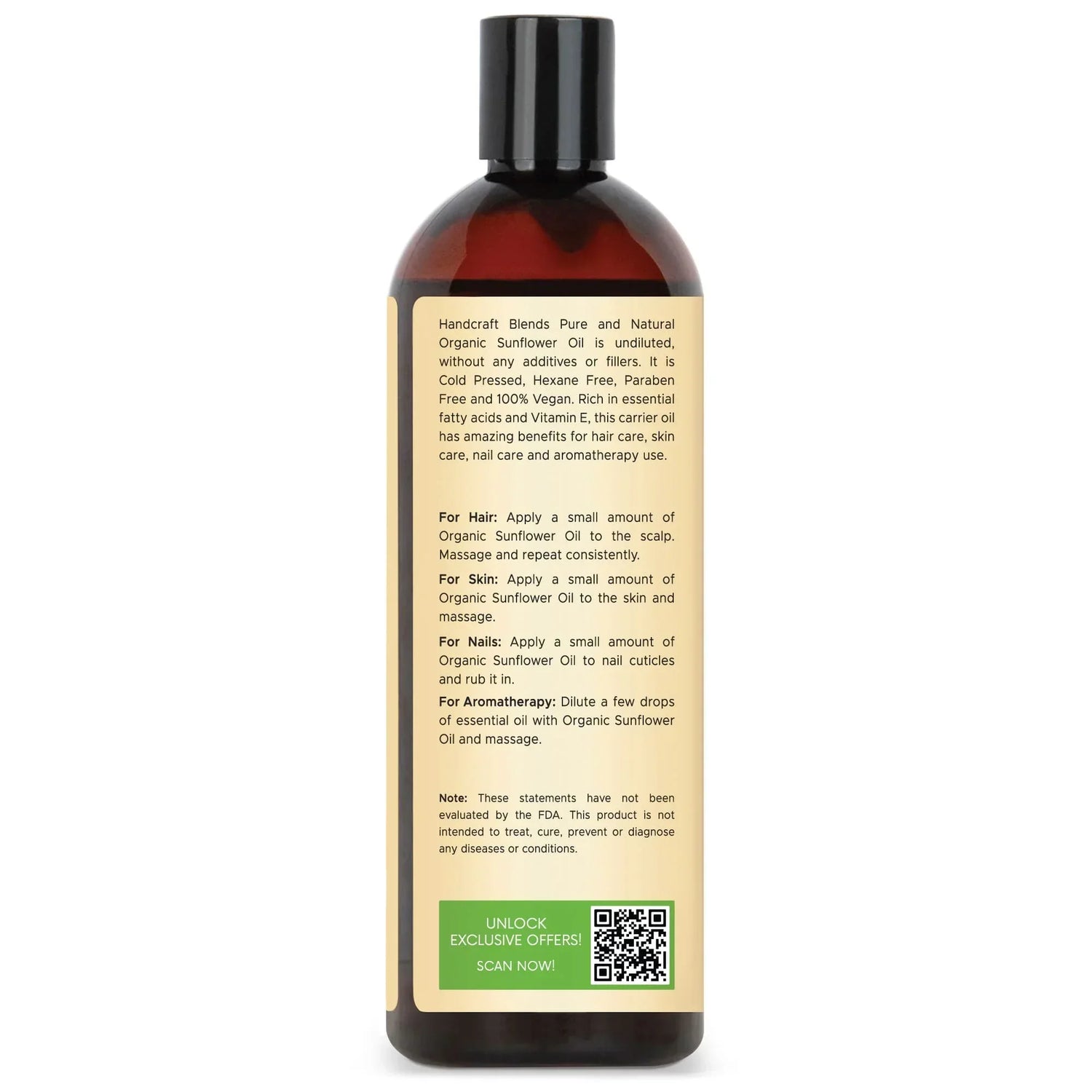 16oz amber bottle of organic sunflower oil with label showing hair, skin, nail, aromatherapy uses