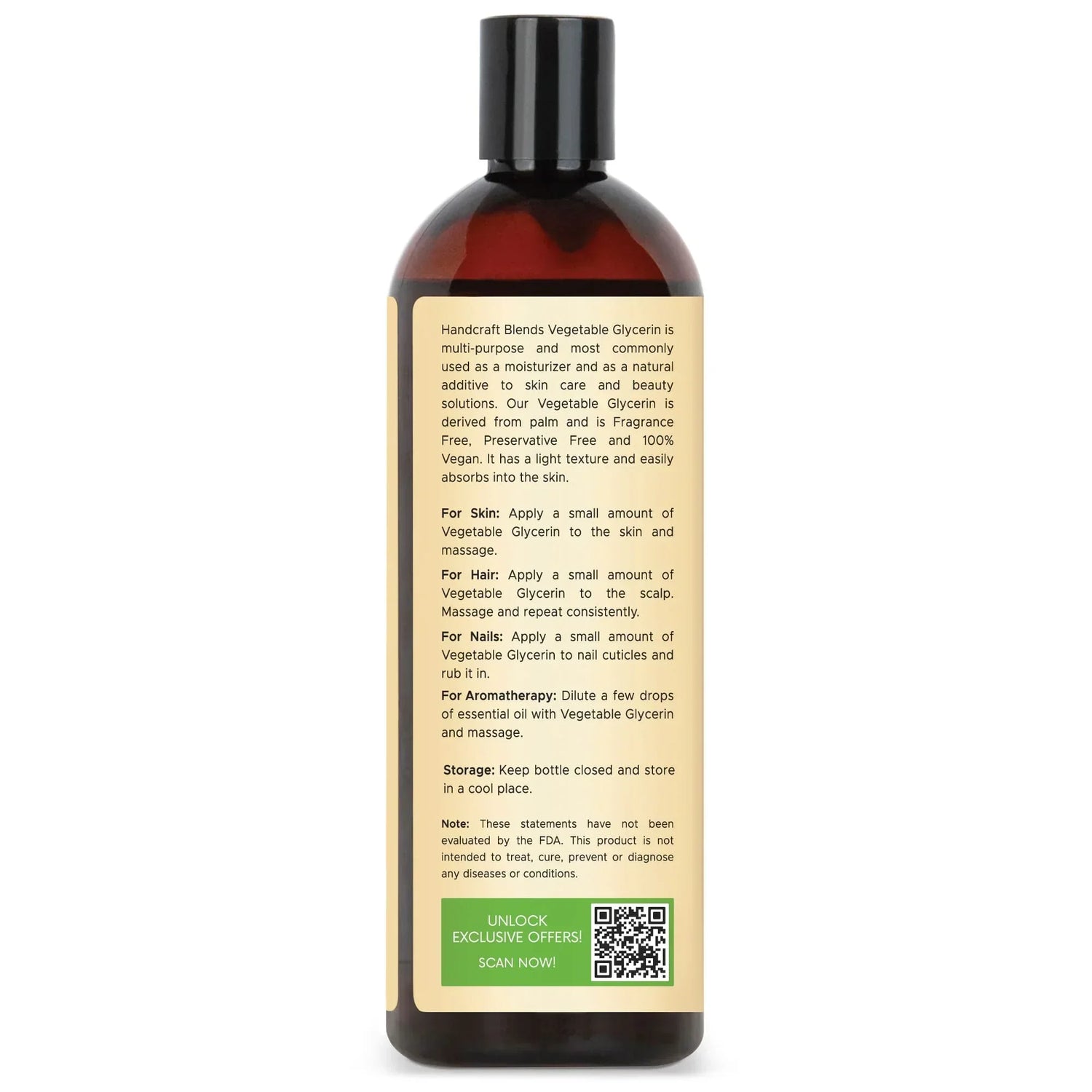 16oz bottle of vegetable glycerin carrier oil with usage instructions on the label.