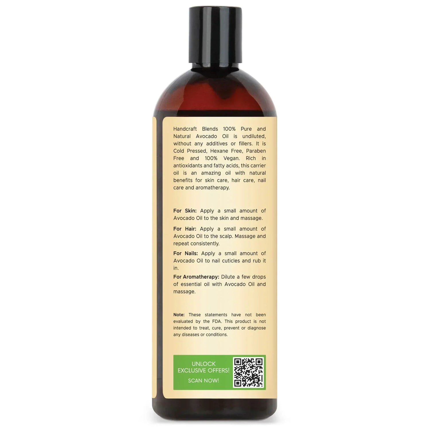 Handcraft Blends 16oz avocado oil bottle with product label for skin, hair, nail, aromatherapy