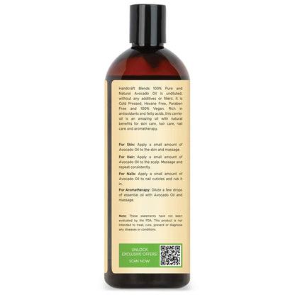 Handcraft Blends 16oz avocado oil bottle with product label for skin, hair, nail, aromatherapy