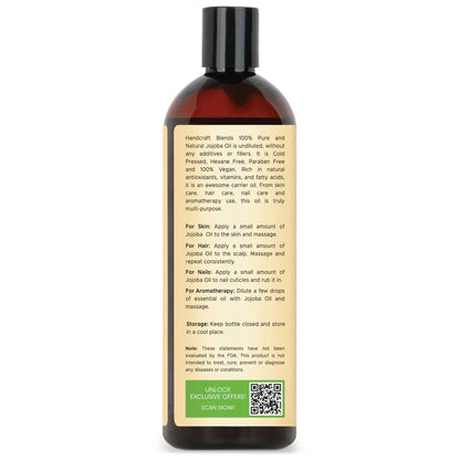 16oz amber bottle of pure jojoba oil with usage instructions and QR code on label