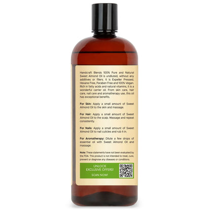 Handcraft Blends Sweet Almond Oil bottle with usage instructions and QR code on label