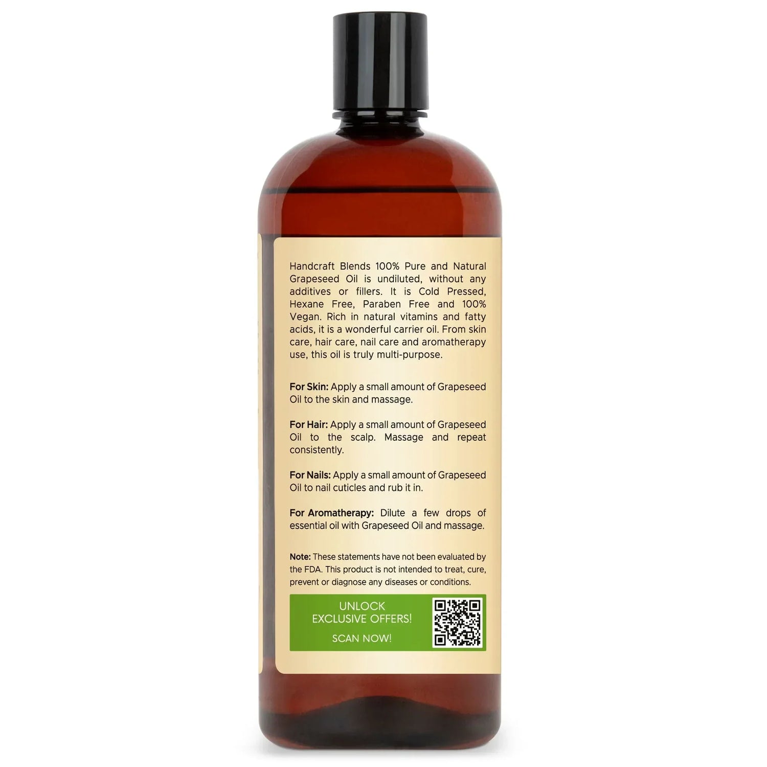 Handcraft Blends 28oz grapeseed oil bottle with detailed usage label, carrier oil for skin and hair.