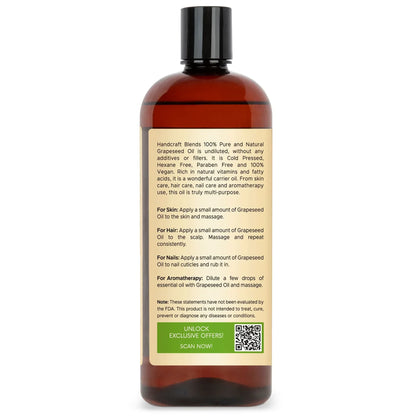 Handcraft Blends 28oz grapeseed oil bottle with detailed usage label, carrier oil for skin and hair.