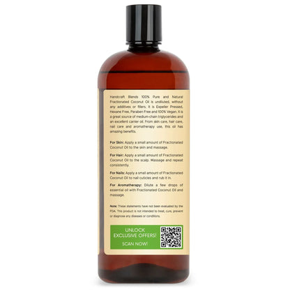 Handcraft Blends 28oz fractionated coconut oil bottle with usage instructions and QR code