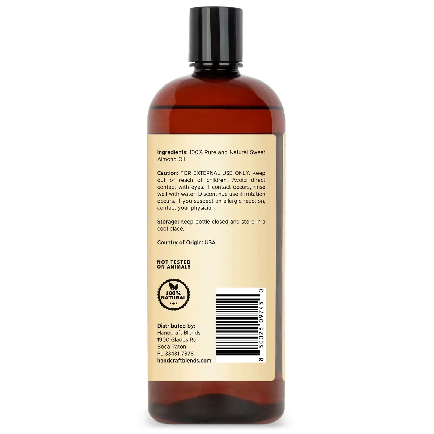 Handcraft Blends Sweet Almond Oil bottle, natural carrier oil, label with usage and ingredients