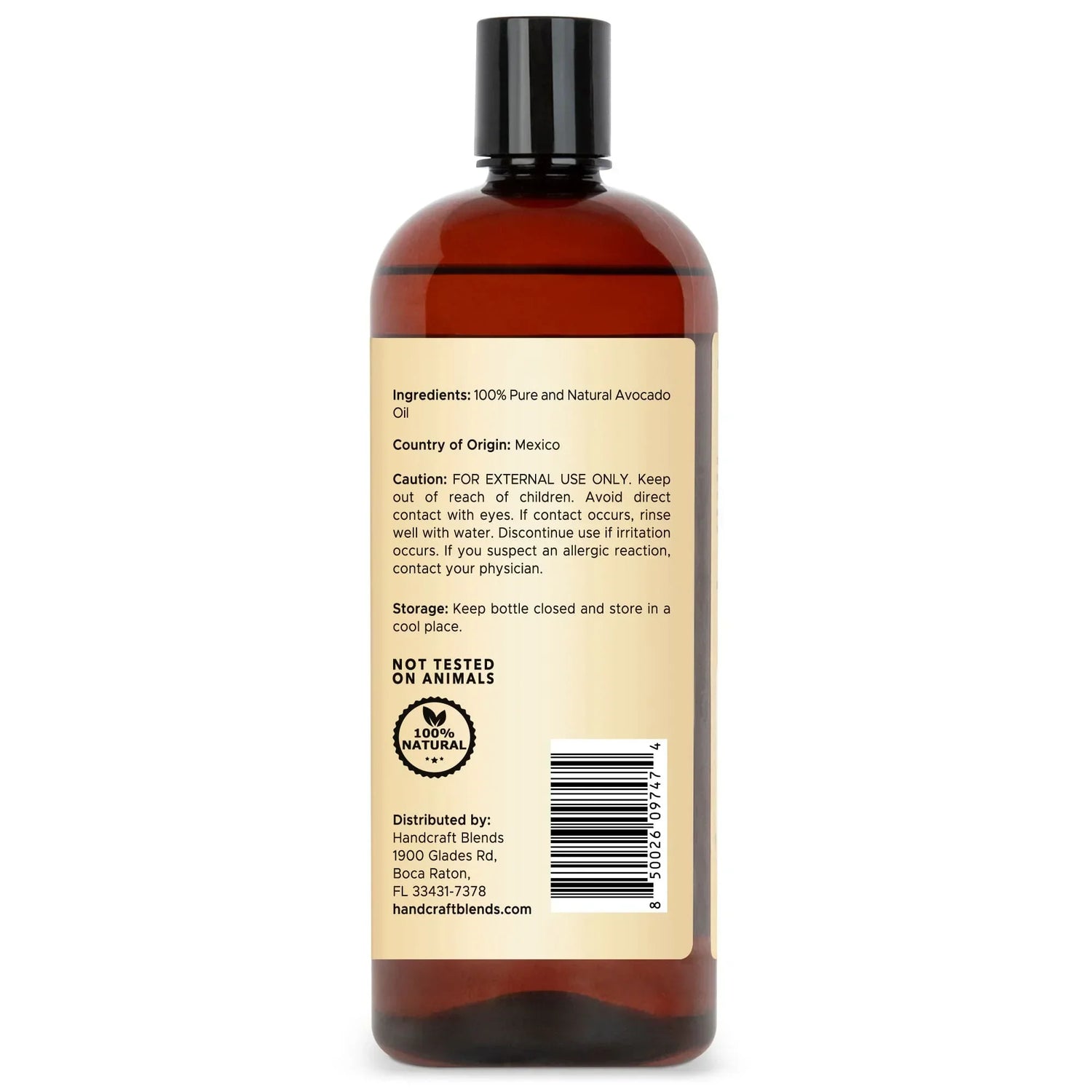 Handcraft Blends avocado oil bottle with ingredient label, barcode, and cruelty-free mark