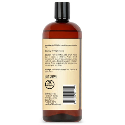 Handcraft Blends avocado oil bottle with ingredient label, barcode, and cruelty-free mark