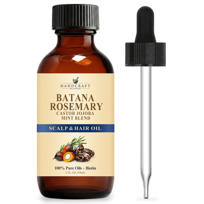 Batana rosemary scalp and hair oil bottle with dropper, castor jojoba mint blend