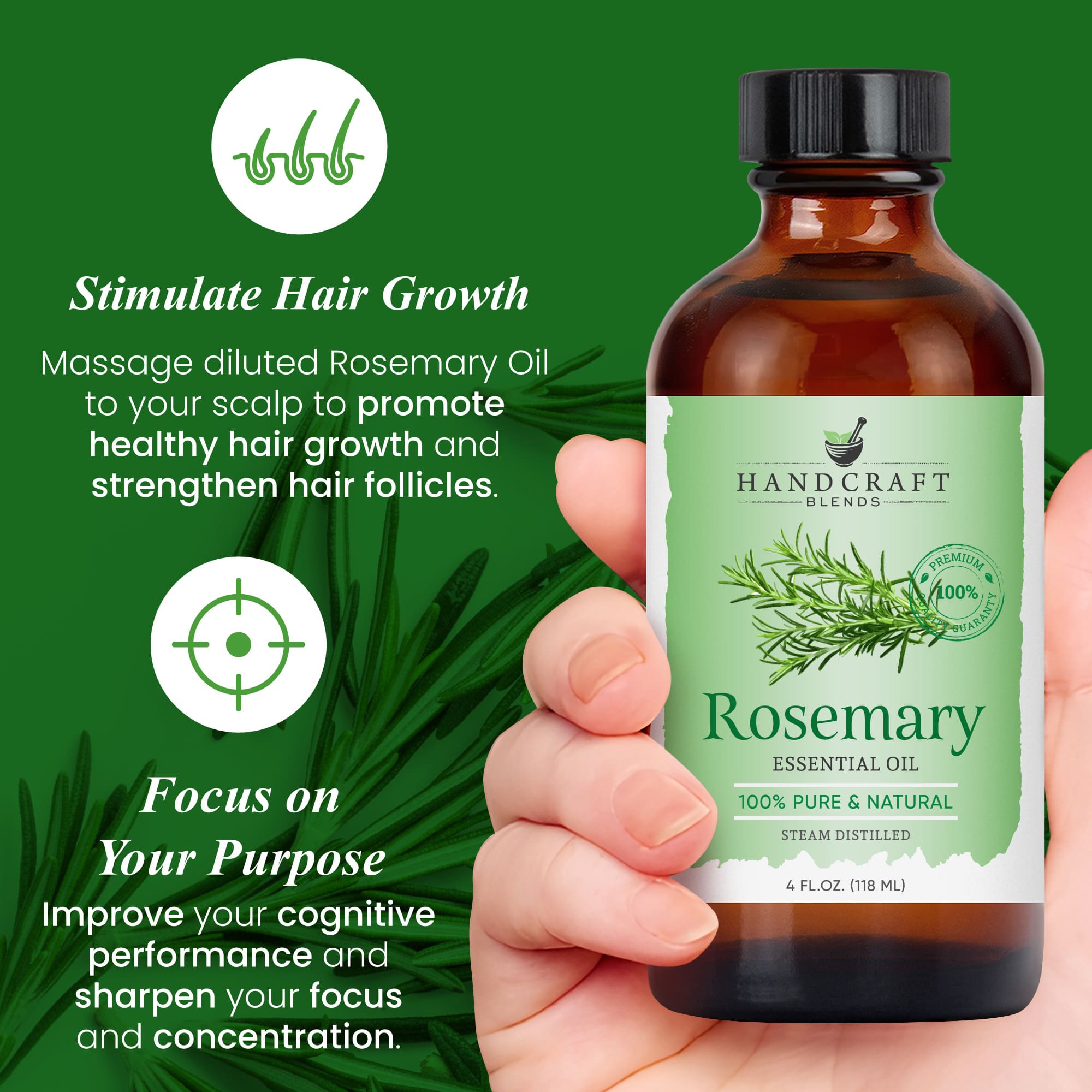 Hand holding a 4 oz bottle of rosemary essential oil with text about hair growth and cognitive benefits.