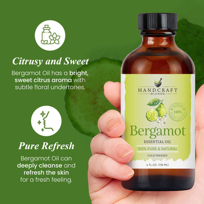 Hand holding 4 oz Bergamot essential oil bottle, green citrus background, skincare benefits highlighted.