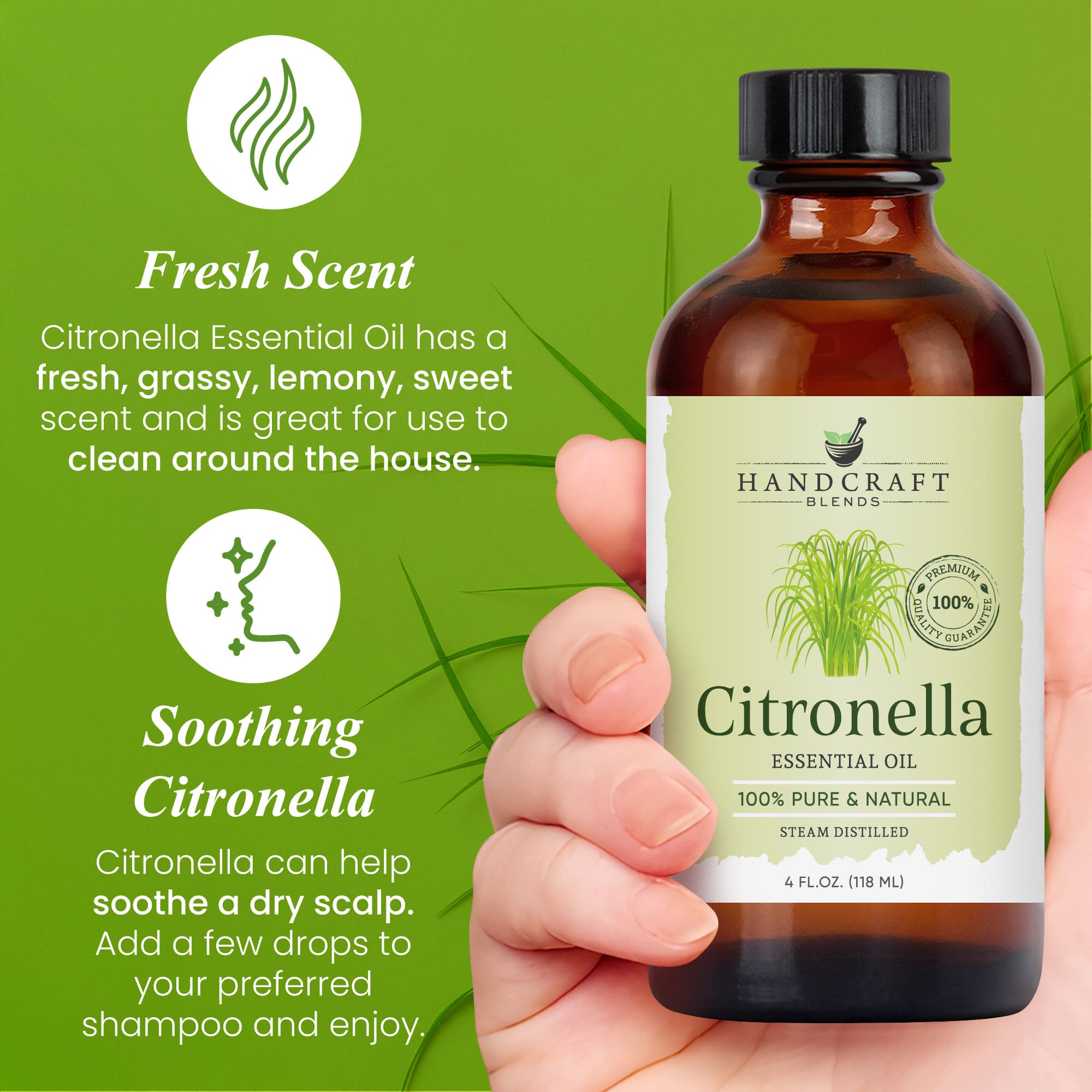 Hand holding 4 oz citronella essential oil bottle, green label, fresh and soothing benefits.