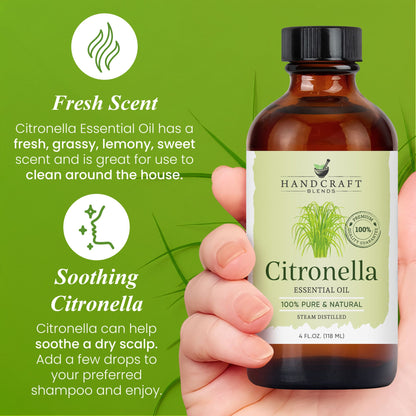 Hand holding 4 oz citronella essential oil bottle, green label, fresh and soothing benefits.