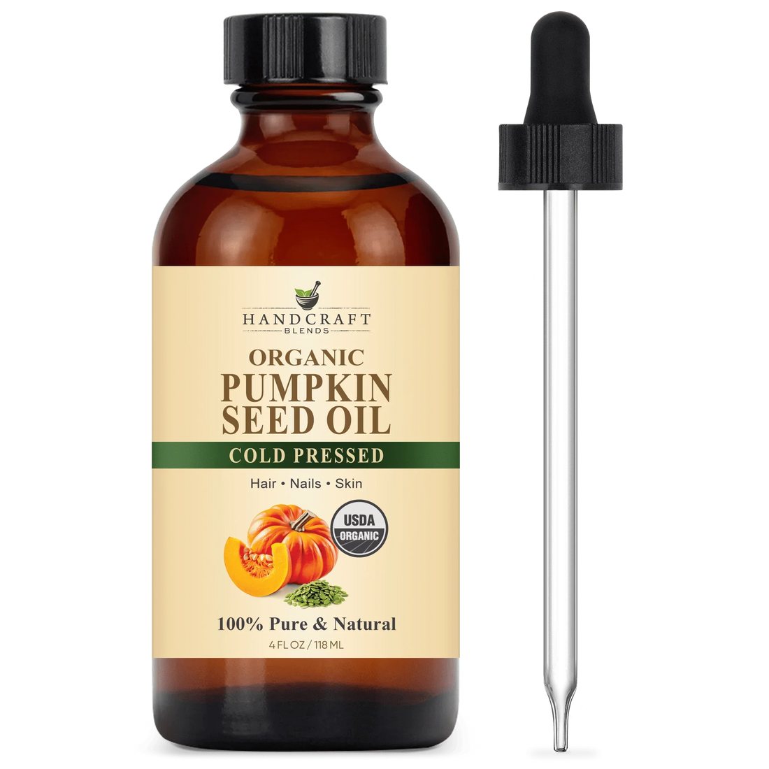 Organic pumpkin seed oil cold pressed in amber glass bottle with dropper, 4oz, USDA certified