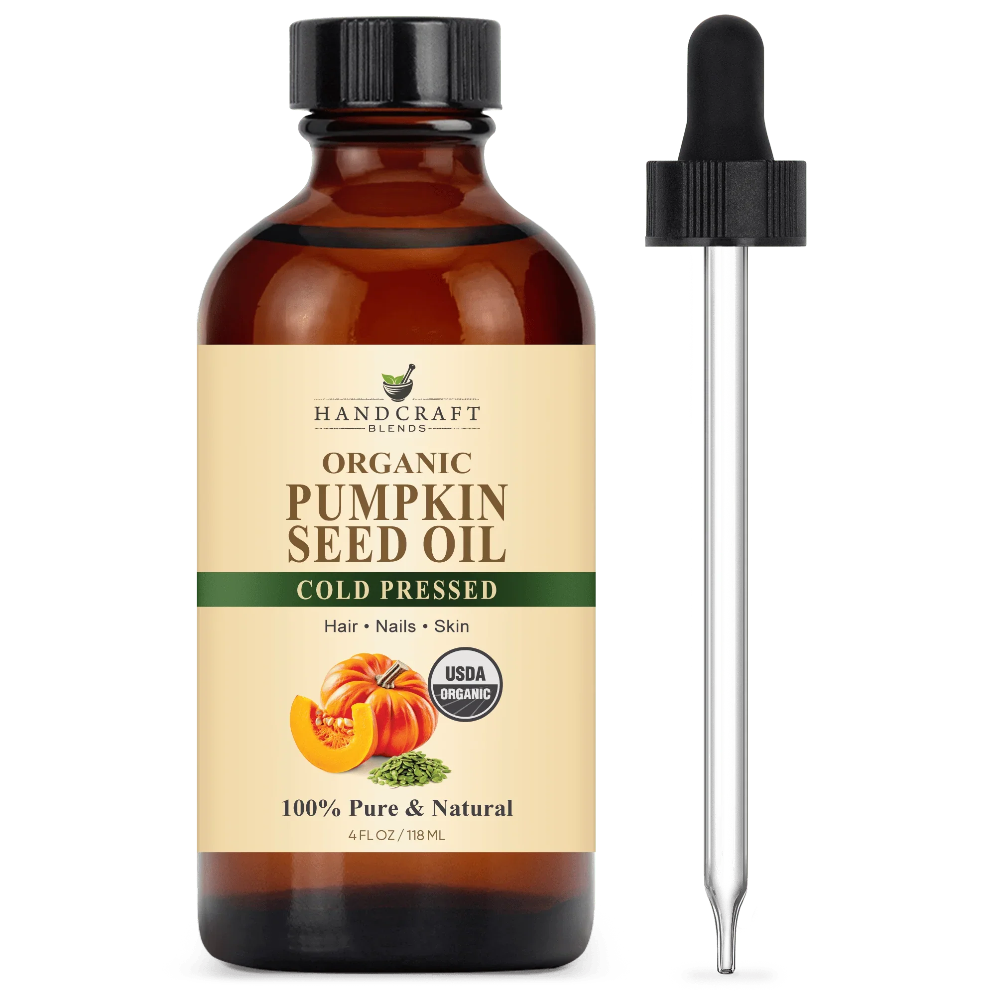 Organic pumpkin seed oil cold pressed in amber glass bottle with dropper, 4oz, USDA certified