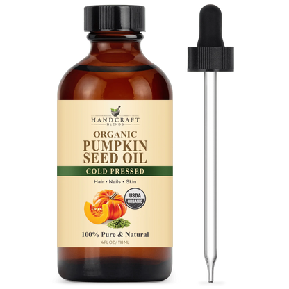 Organic pumpkin seed oil cold pressed in amber glass bottle with dropper, 4oz, USDA certified