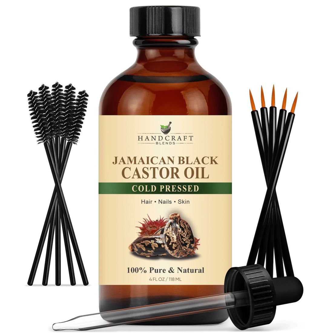 Jamaican black castor oil 4oz bottle with mascara brushes and dropper, cold pressed, for hair, nails, skin