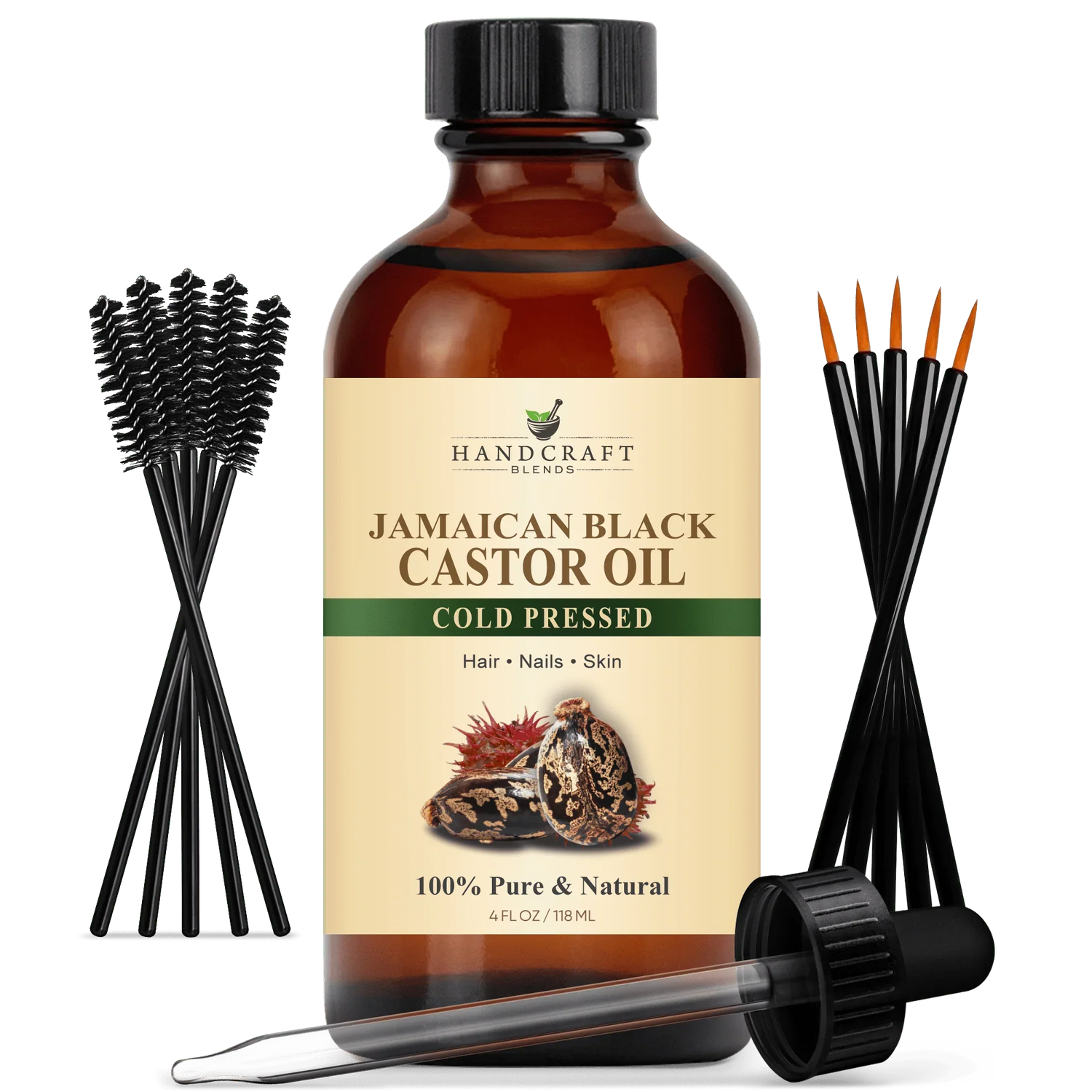 Jamaican black castor oil 4oz bottle with mascara brushes and dropper, cold pressed, for hair, nails, skin