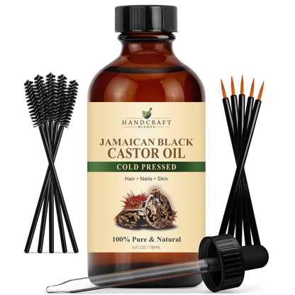 Jamaican black castor oil 4oz bottle with mascara brushes and dropper, cold pressed, for hair, nails, skin