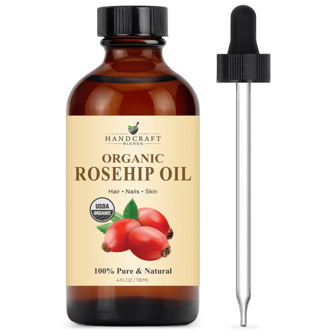 Amber glass bottle of organic rosehip oil with dropper, 4oz, for hair, nails, skin care.