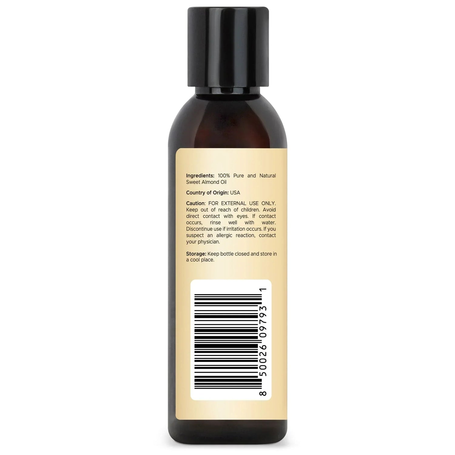 Back label of Handcraft Blends sweet almond oil bottle showing ingredients and barcode