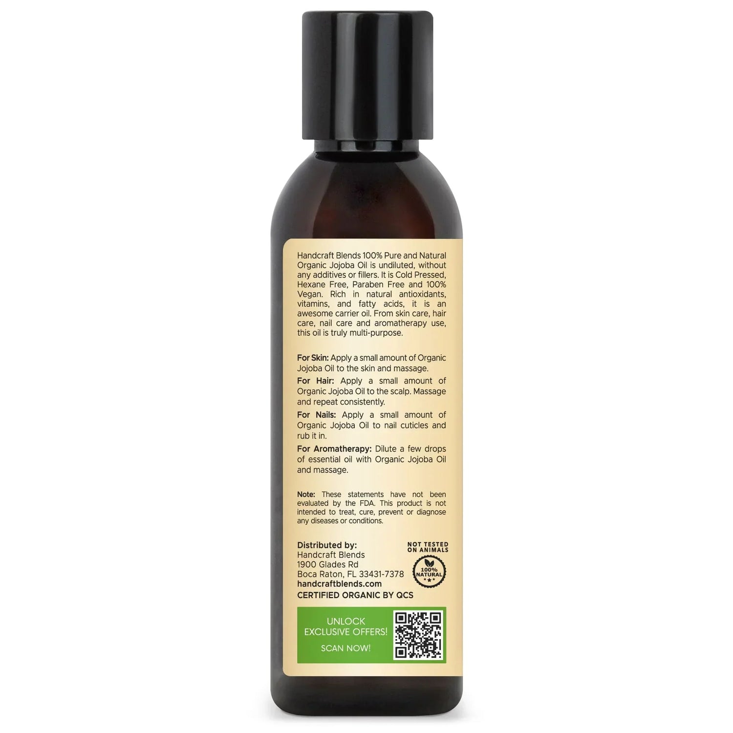 Handcraft Blends organic jojoba oil bottle with product label, carrier oil for skin, hair, nails, aromatherapy