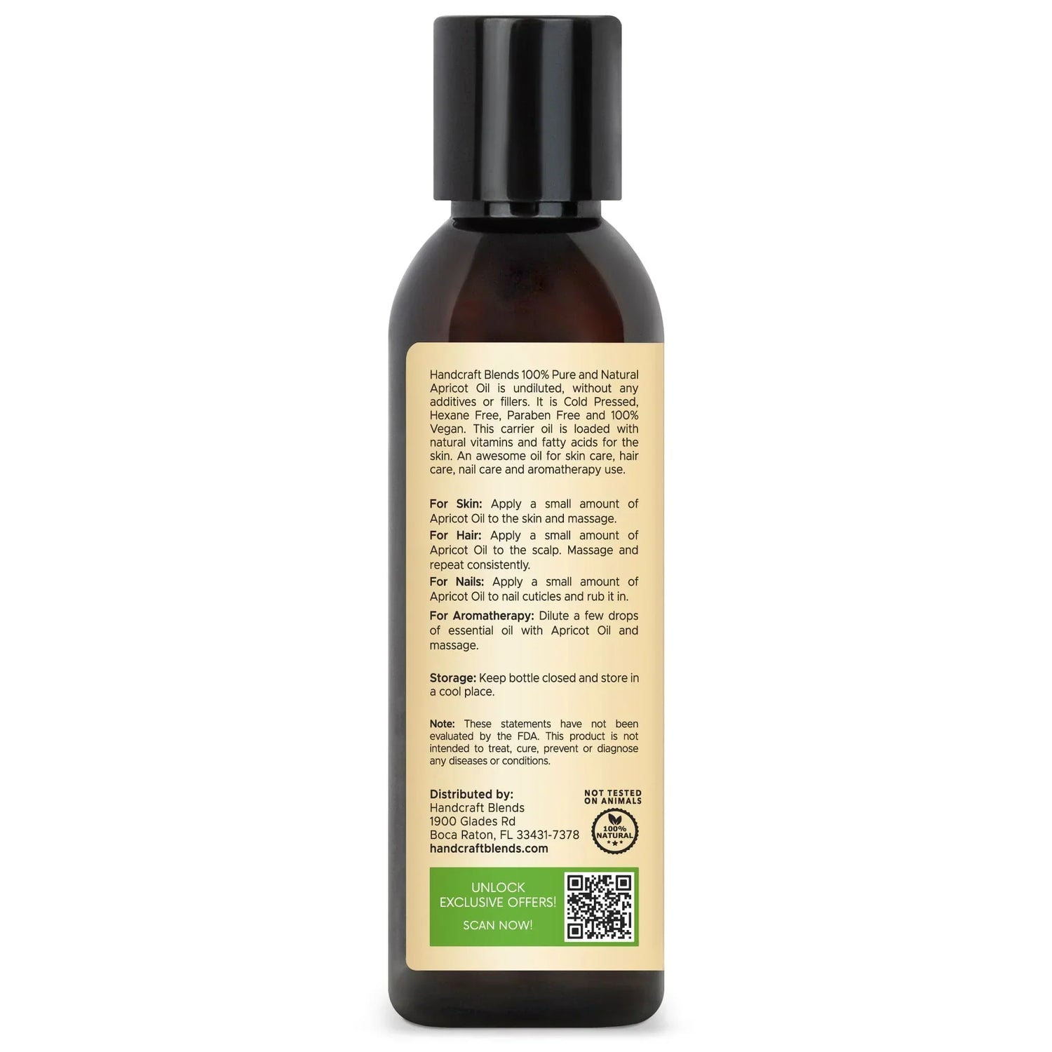 Handcraft Blends apricot oil bottle with product label showing usage for skin, hair, nails, aromatherapy