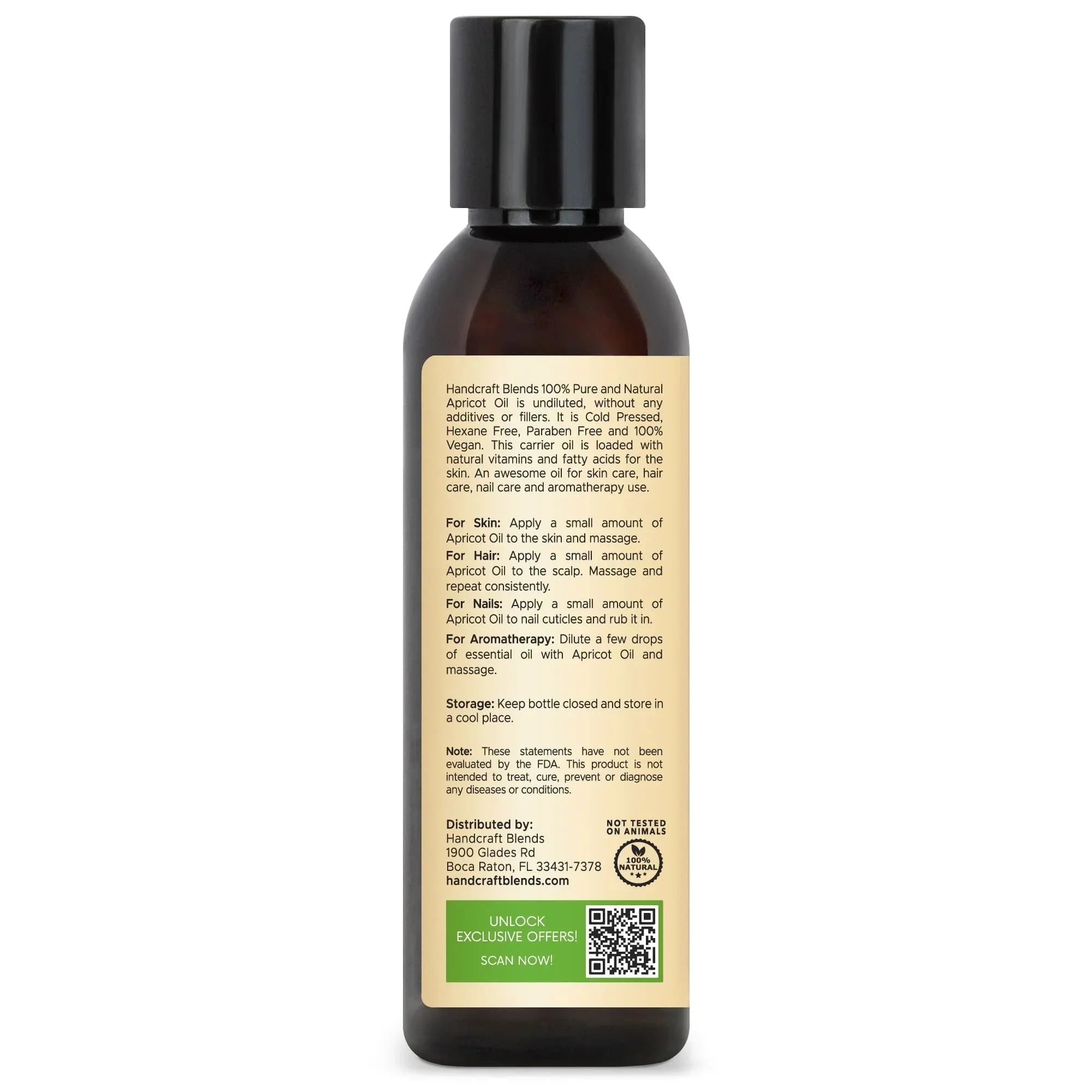 Handcraft Blends apricot oil bottle with product label showing usage for skin, hair, nails, aromatherapy