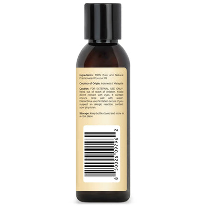 4oz bottle of Handcraft Blends fractionated coconut oil, ingredient and barcode label visible