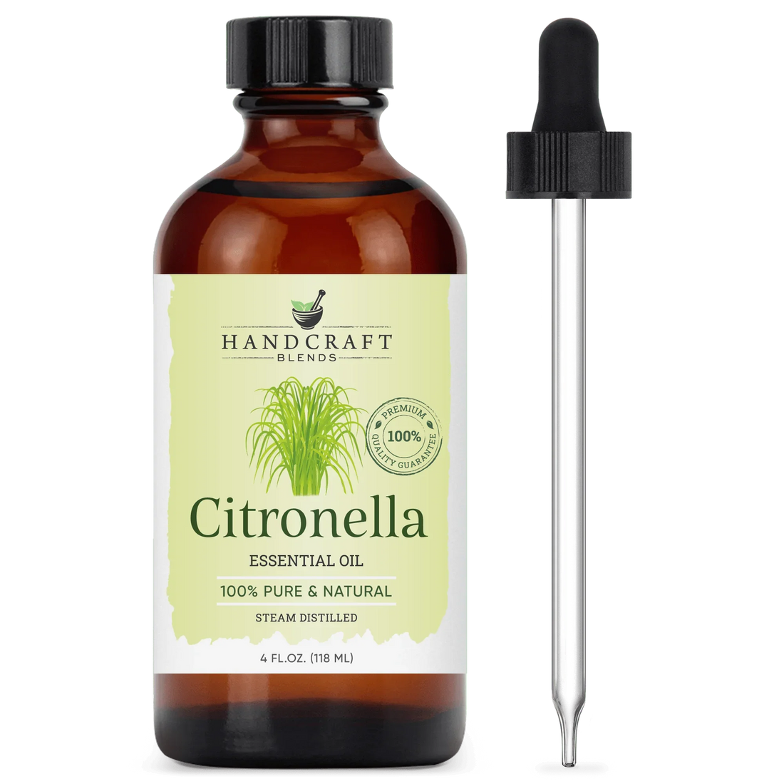 Amber bottle of citronella essential oil with dropper, 100% pure and natural, 4 oz