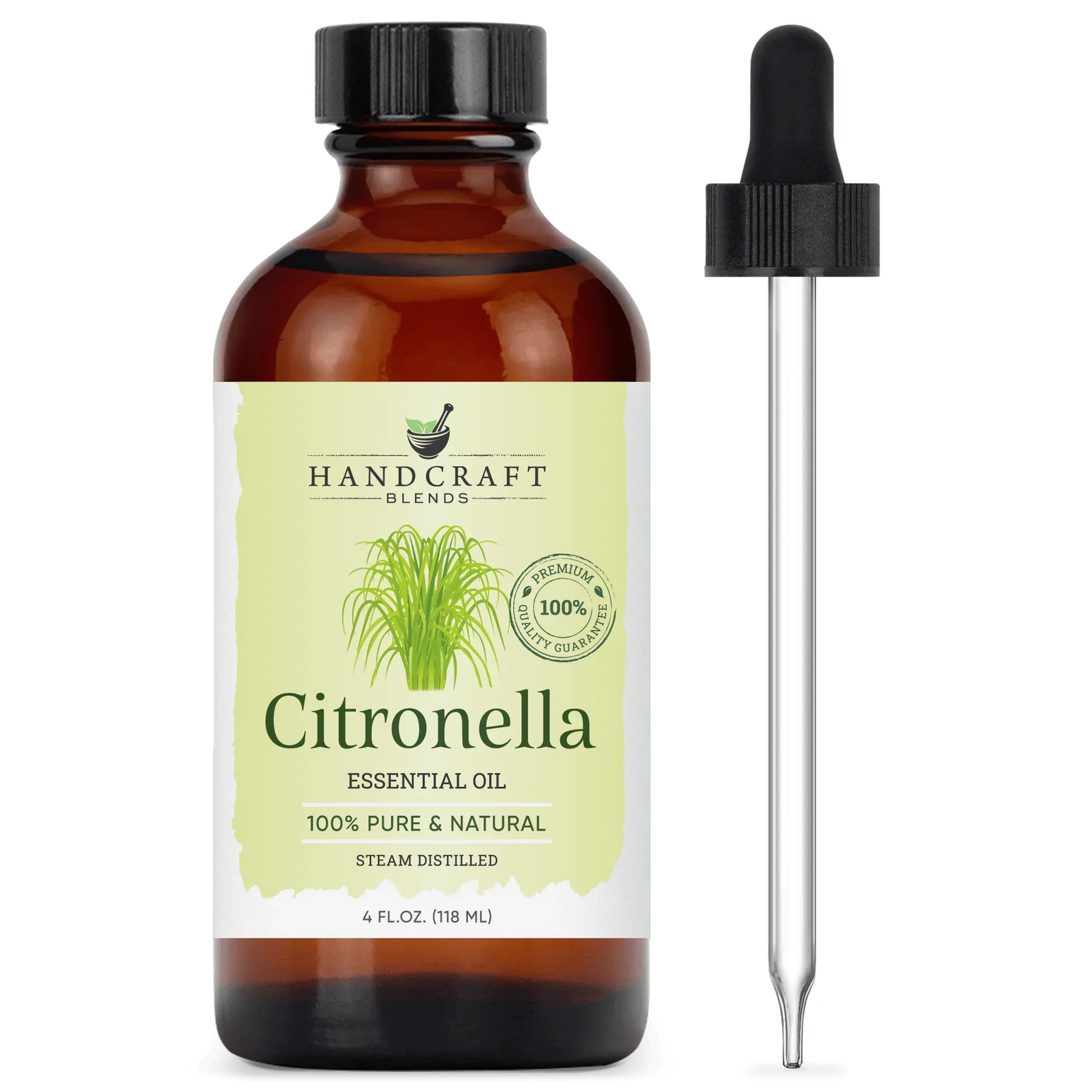 Amber bottle of citronella essential oil with dropper, 100% pure and natural, 4 oz
