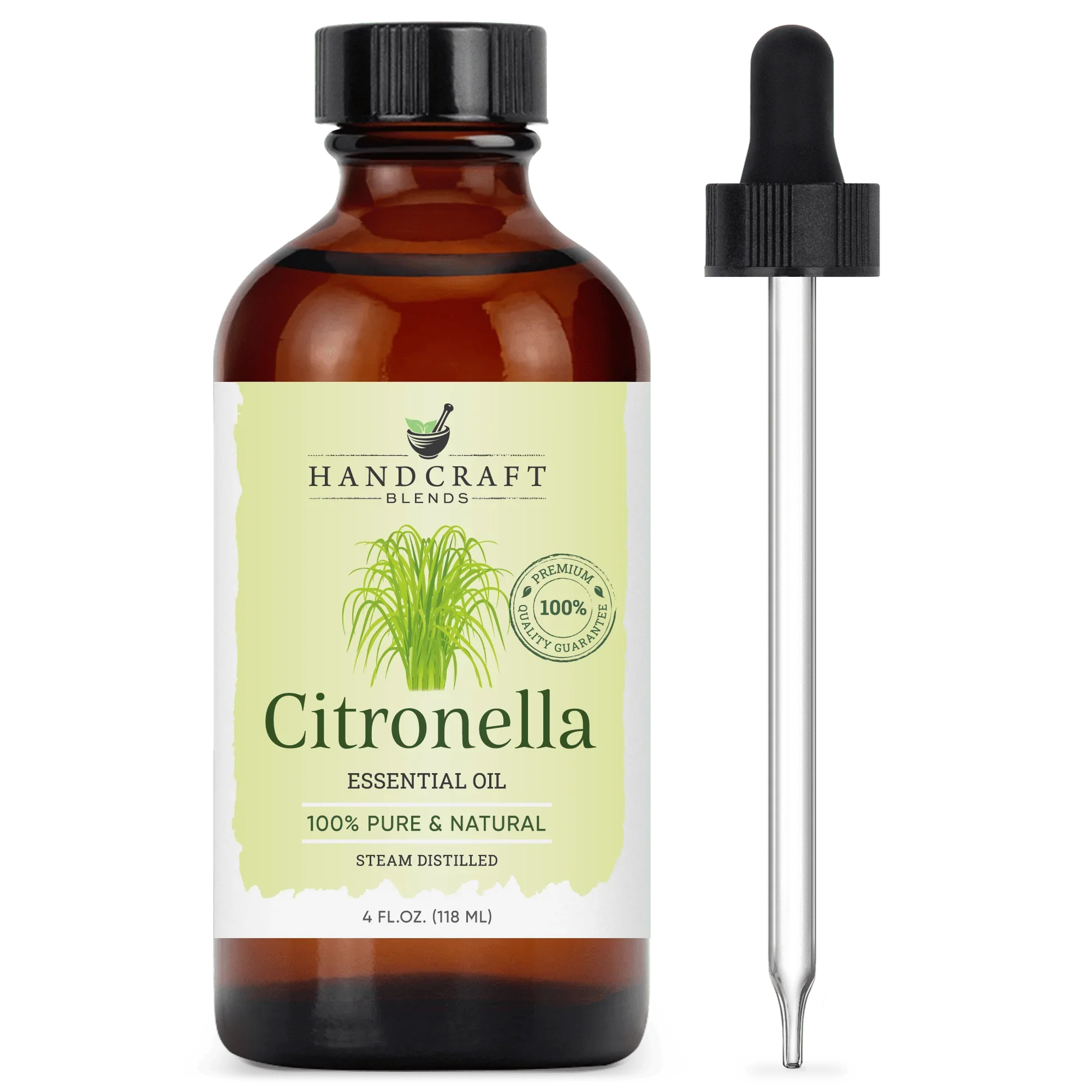 Amber bottle of citronella essential oil with dropper, 100% pure and natural, 4 oz