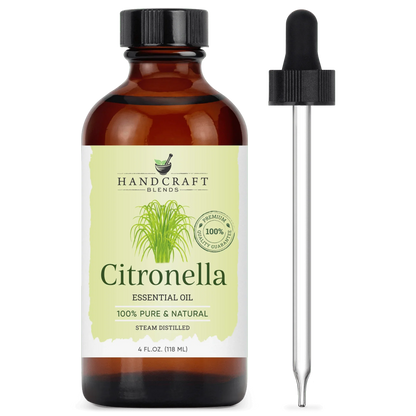 Amber bottle of citronella essential oil with dropper, 100% pure and natural, 4 oz