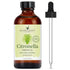 4oz amber bottle of citronella essential oil with dropper, labeled 100% pure and natural