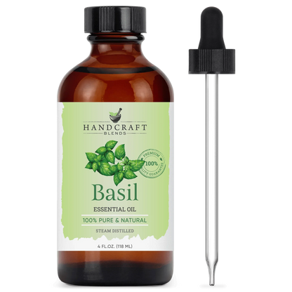 Amber bottle of basil essential oil with dropper, labeled 100% pure and natural, 4oz size