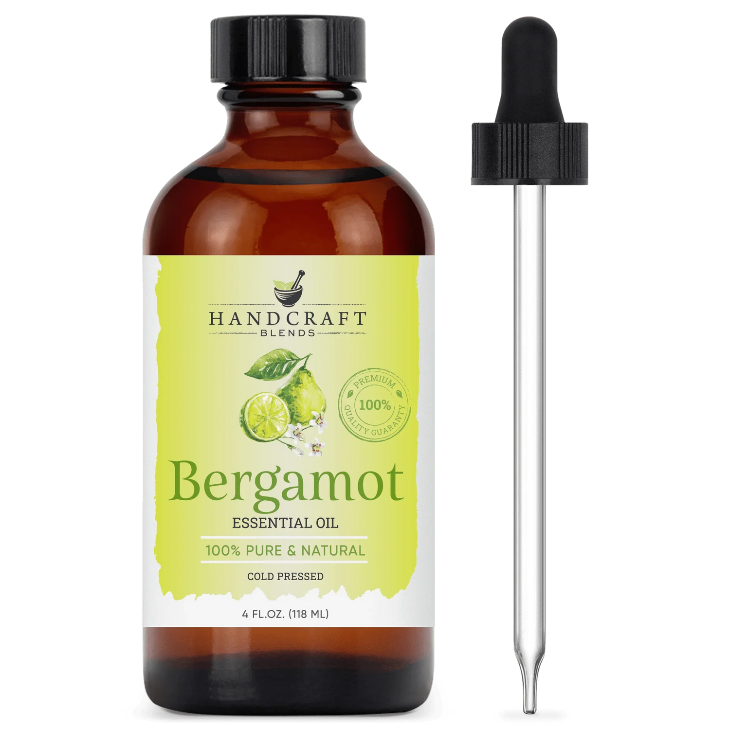 Amber bottle of bergamot essential oil with dropper, labeled 100% pure and natural.