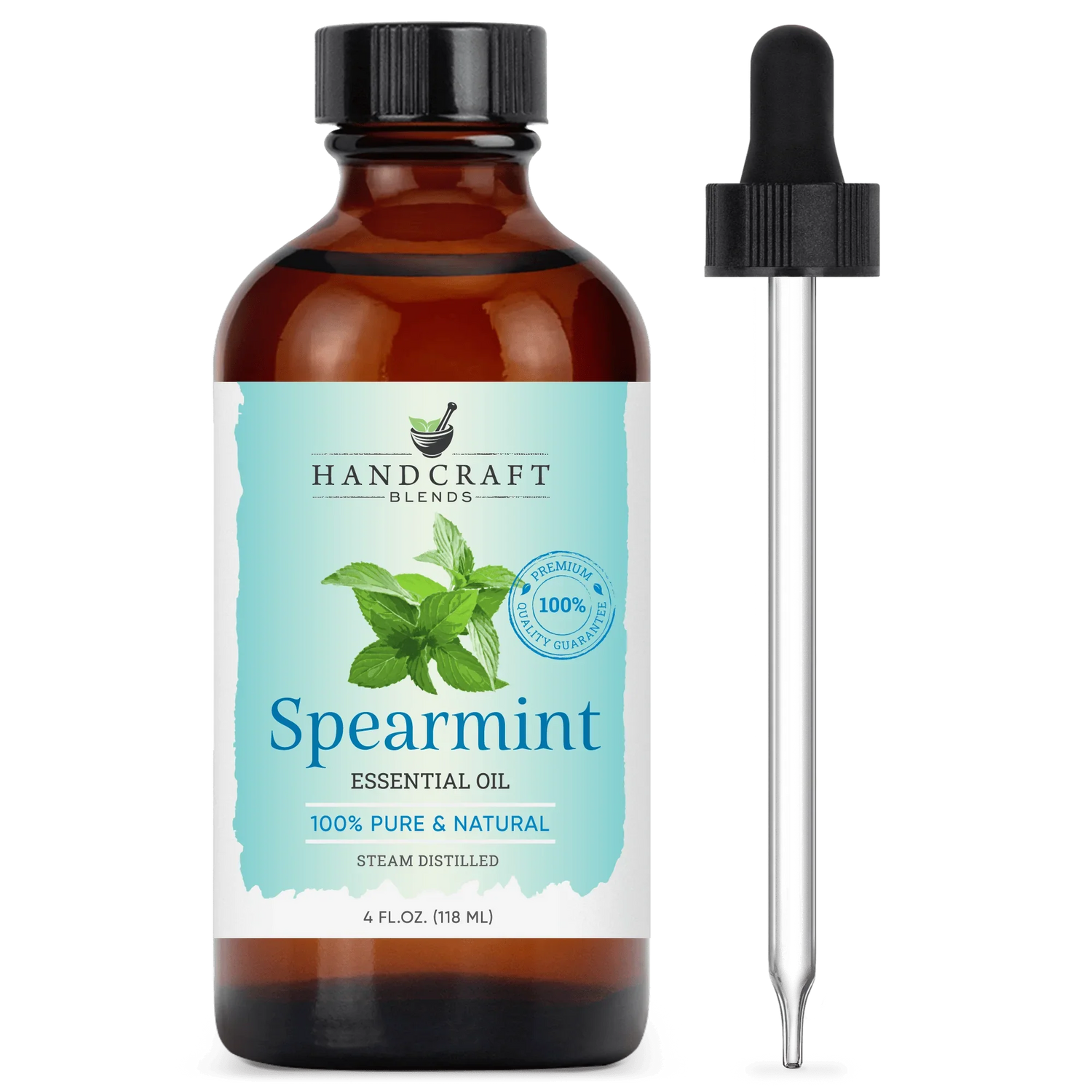 4oz amber bottle of spearmint essential oil with dropper, labeled 100% pure and natural