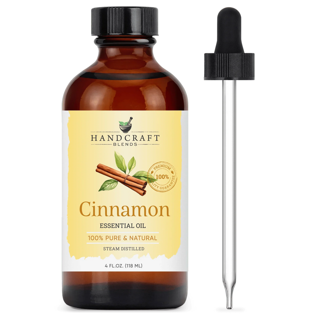 4oz amber bottle of cinnamon essential oil with dropper, labeled 100% pure and natural