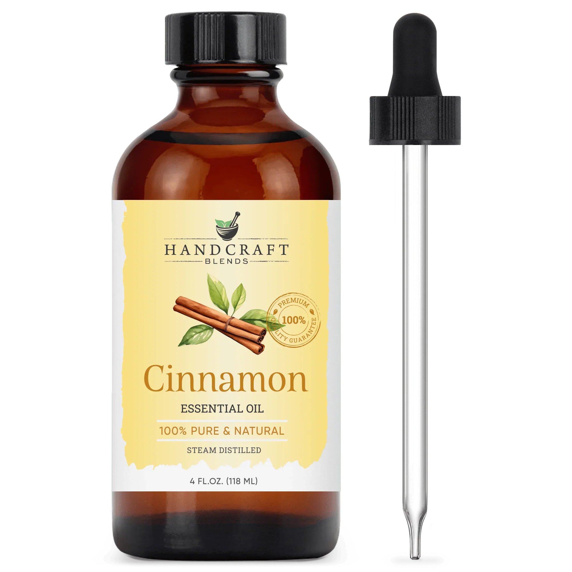 4oz amber bottle of cinnamon essential oil with dropper, labeled 100% pure and natural