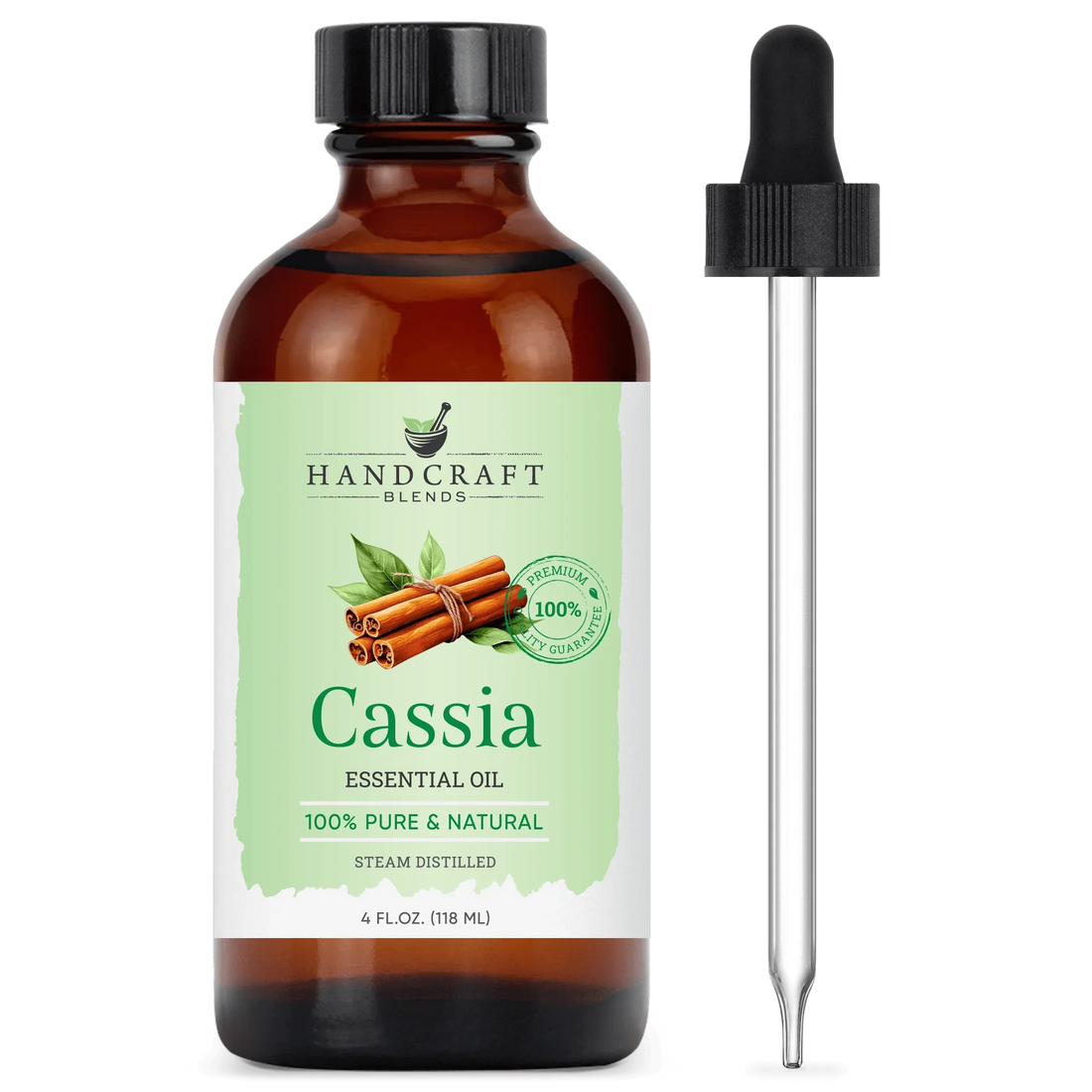 Cassia essential oil 4oz amber bottle with dropper, labeled 100% pure and natural, cinnamon illustration