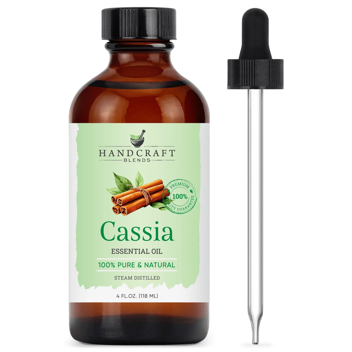 Cassia essential oil 4oz amber bottle with dropper, labeled 100% pure and natural, cinnamon illustration